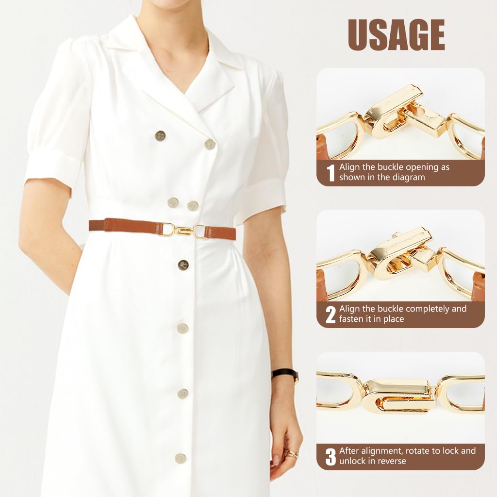 PALAY Waist Belt for Women Dresses with Metal Interlock Buckles, 2pcs Elastic PU Set | Black and Brown Slim Belts for Jeans and Blazers