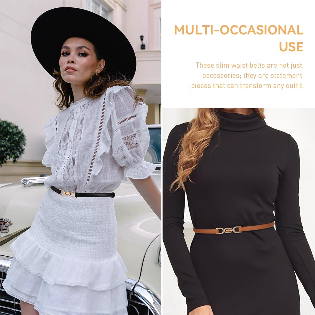 PALAY® 2Pcs Women’s Slim Waist Belts Combo, PU Leather Belts with Metal Buckle for Dress, Shirt, Blazer, Suit, Gown, Stylish Fashion Waistband Set (Black & Brown, Fit 70-95cm)