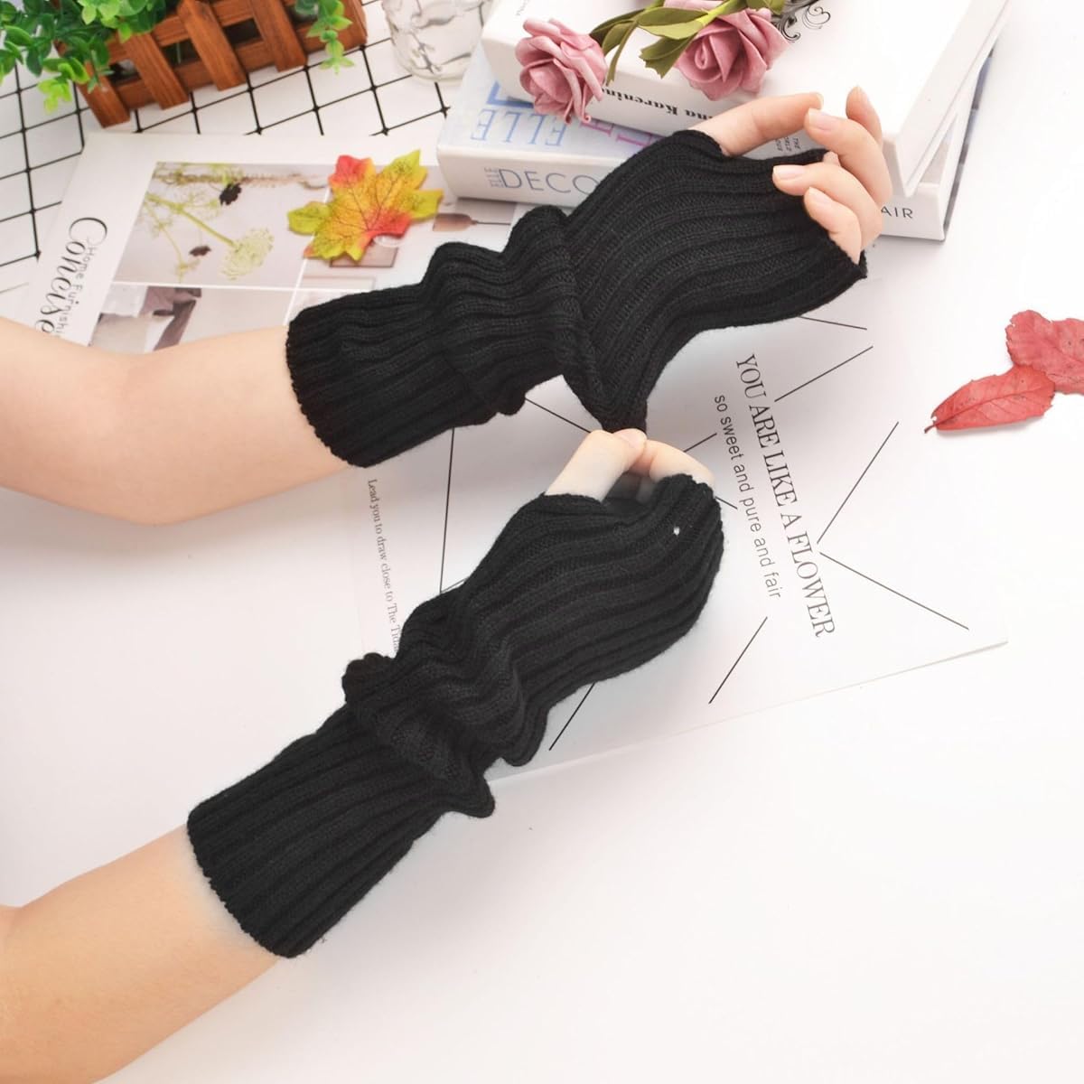 PALAY Arm Warmers for Women featuring 50cm Long Fingerless Knitted Design | Black 2PCS