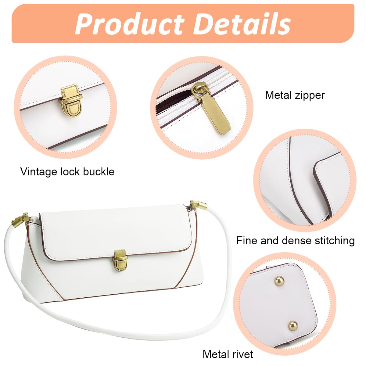 PALAY® Women Shoulder Bag Chic Hand Bag for Women Elegant White Evening Bag Fashion Golden Metal Buckle Design Hand Bag PU Leather Shoulder Bag, 28x9x11cm
