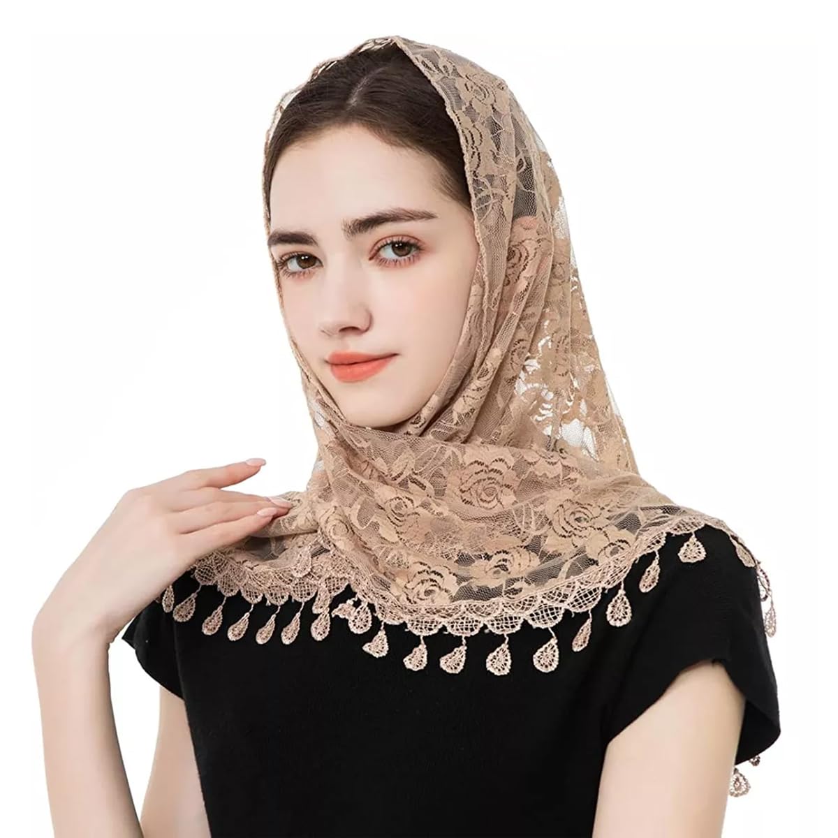PALAY Lace Shawl for Women featuring Rose Jacquard Pattern with Tassel Hem | Brown Mantilla Veil