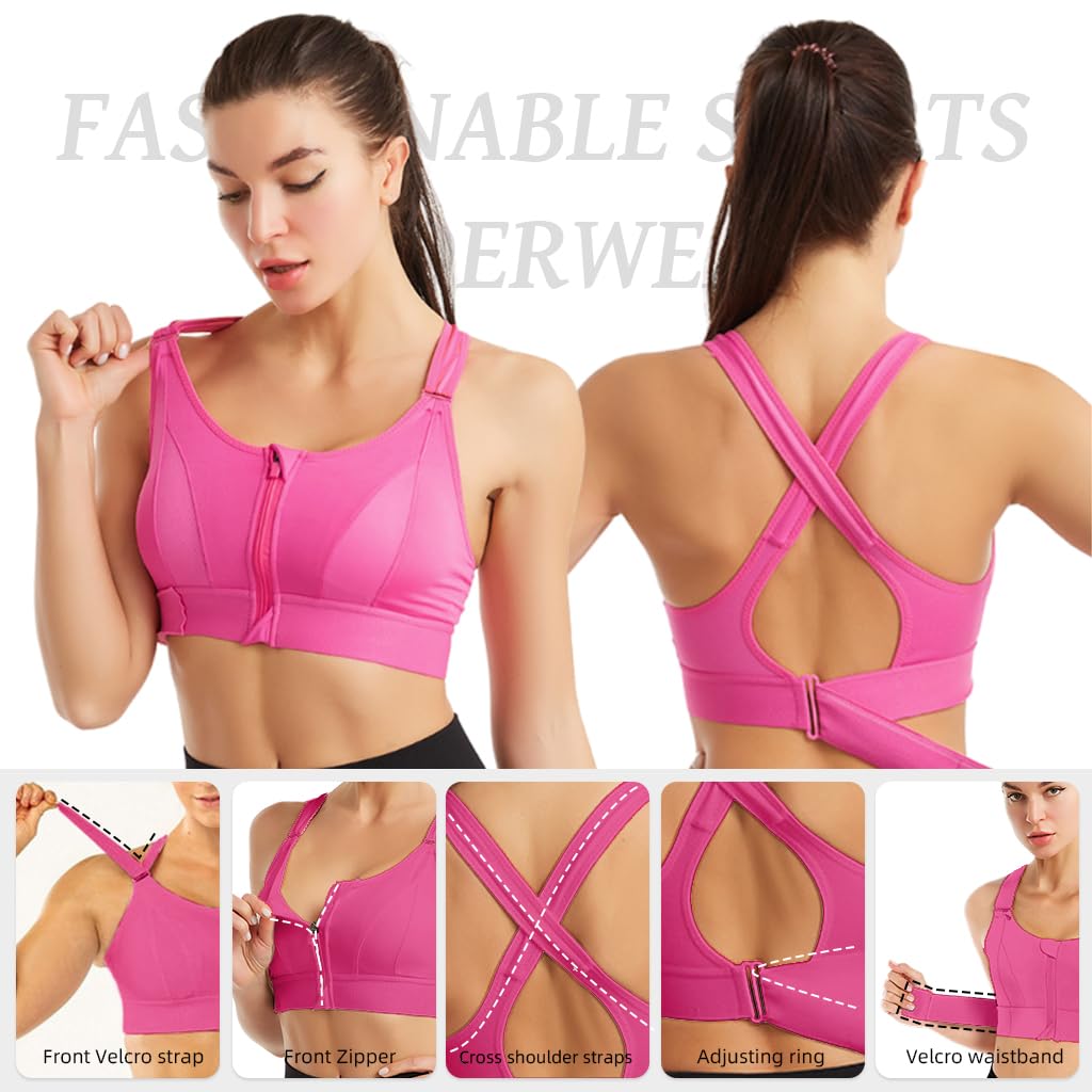PALAY® Sports Bra Women Zip-up Sports Bra for High-impact Activities One Piece Breast Pads Adjustable Sports Bra Fashion RacerbackSports Bra for Running, Cycling, Aerobics, Boxing, XL, Pink
