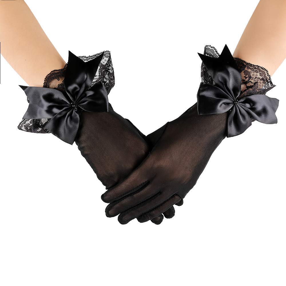 PALAY® 1 Pair Lace Gloves for Women Girls Black Gloves,Butterfly Bow Design Elegant Bridal Short Mittens for Wedding Party Festival Photography