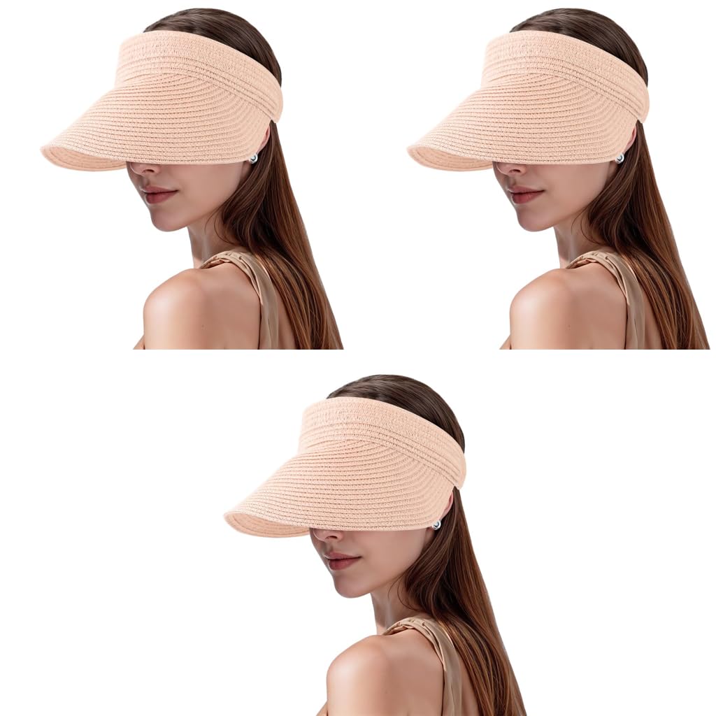PALAY Straw Cap for Women with Wide Brim and Packable Design in Pink 3PCS | Lightweight Summer Hat