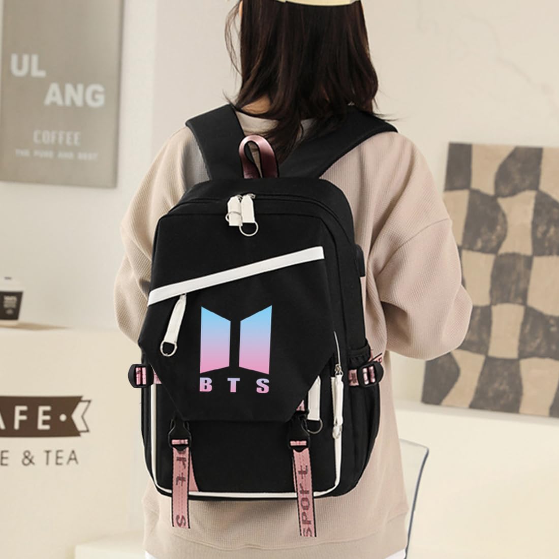 PALAY® BTS Bag for Girls, Kids Stylish Kpop Bangtan BTS School Backpack for Boys, Girls Student Bag for School, College Shoulder Backpack for Girls, Boys Laptop Bags BTS Gift Girls, Boys - Black