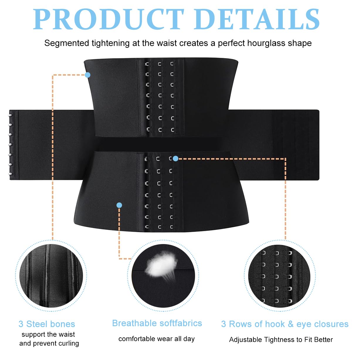 PALAY Waist Trainer for Women with 3 Section Adjustable Buckle 76–82 cm Black Shapewear