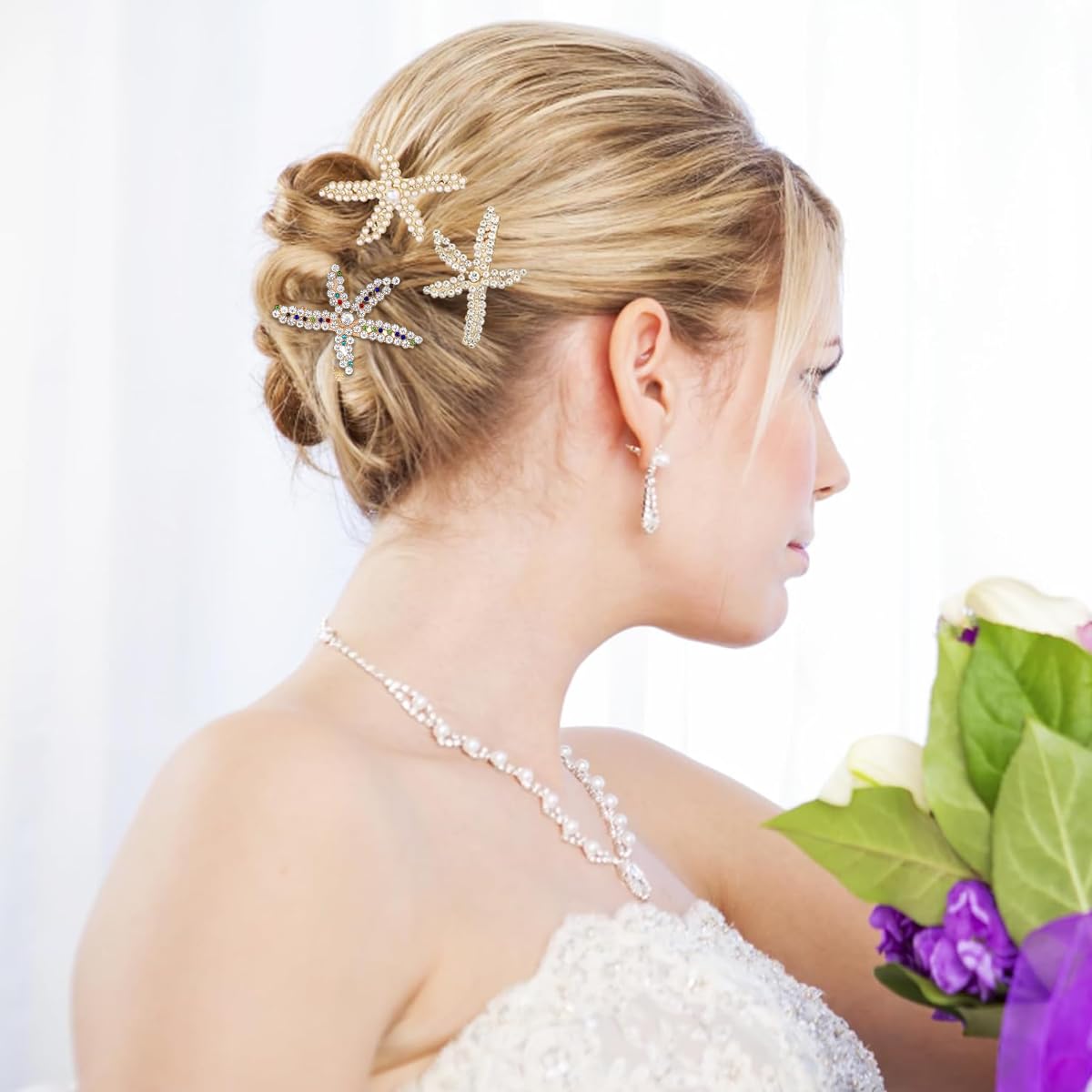 PALAY Starfish Hair Clips for Women with Rhinestones and Pearls 3pcs Set | Wedding Accessory