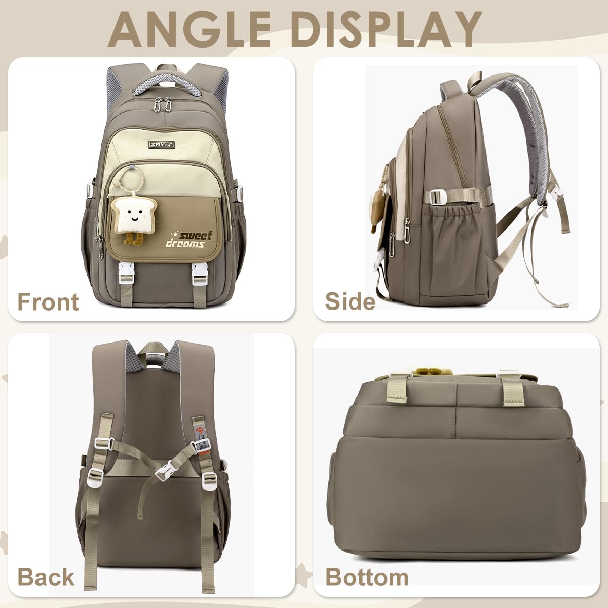 PALAY School Backpack for Girls with 3 Zip Compartments and Padded Straps | Khaki Nylon