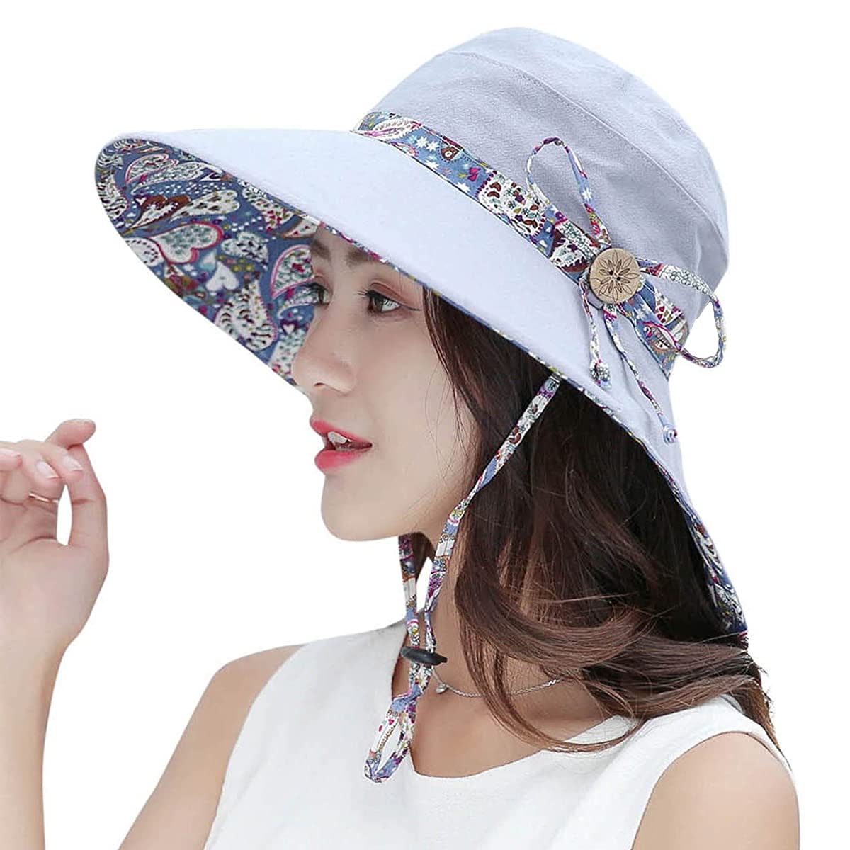 PALAY Womens Sun Hat for Outdoor Travel with 10 cm Crown and Reversible Design | Grey Cotton