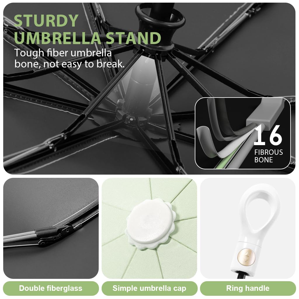 PALAY Sun Umbrella for Travel and Rain with Auto Open Rubber Handle & 8 Fiberglass Ribs | Green