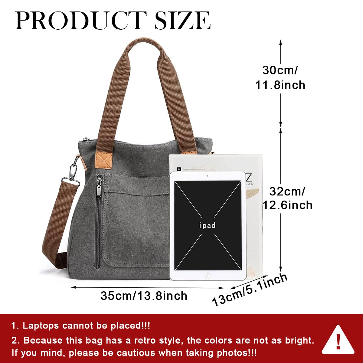 PALAY Handbag for Women featuring Detachable Strap and 35×12×32 cm Large Capacity Grey Canvas | Ideal for School and Work