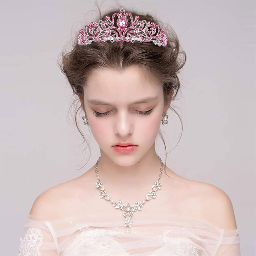 PALAY® Didder Silver Tiaras and Crowns for Women, Pink Crystal Tiara Crowns For Women Girls Elegant Crown with Combs Princess Crown Tiara Birthday Crowns for Women Bridal Prom Birthday Party