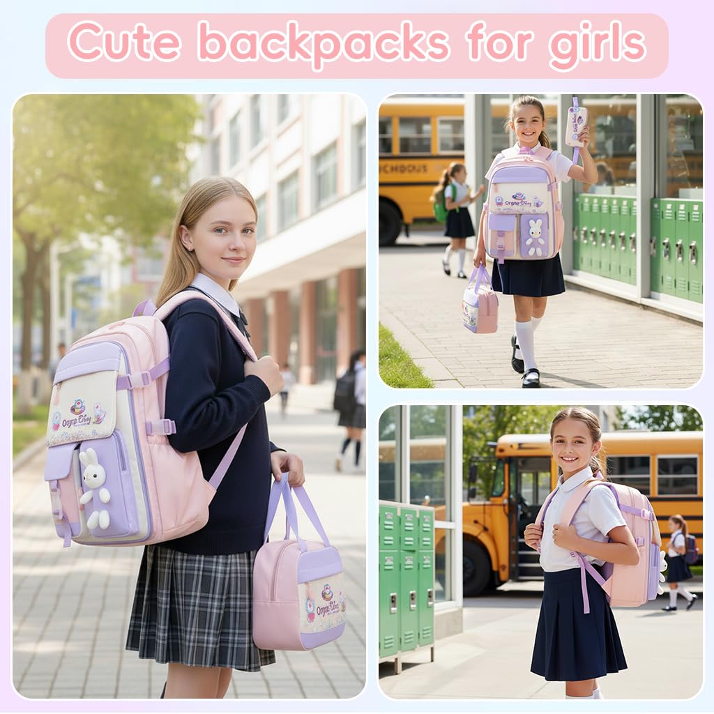 PALAY School Bag for Girls with Lunch Box and Pencil Case Set | Waterproof Pink Bunny Design