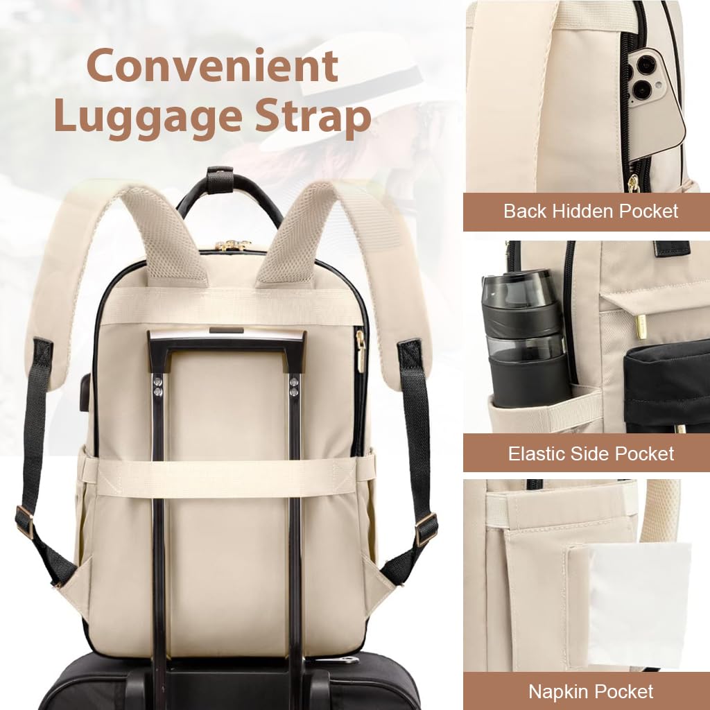 Women's Laptop Backpack 15.6 Inch Women's 15.6 Inch Laptop Backpack - Waterproof, Anti-Theft Work & Travel Bag With USB Charging Port (Beige, Large) Women Laptop Backpack