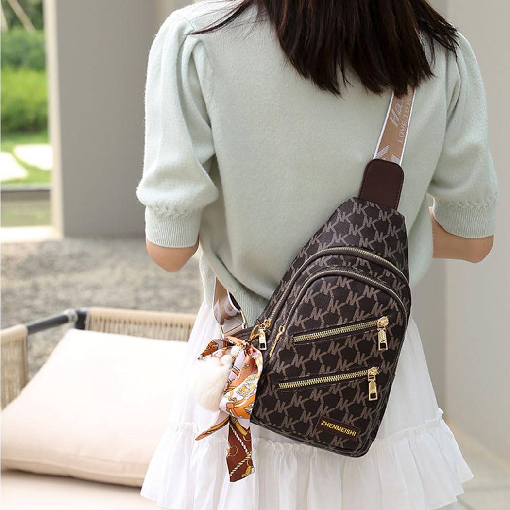 PALAY PU Chest Bag for Women featuring Multi Compartment Zip Up Design and Vintage Print | Travel and Casual Crossbody Sling 2 PCS