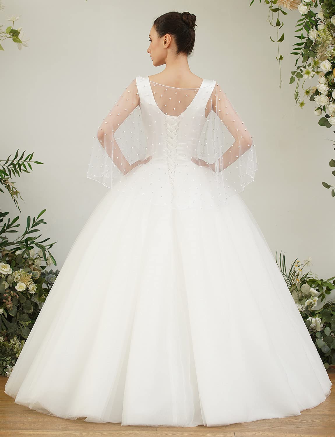 PALAY® White Tulle Shawls Detachable Pearl Capes Cover Up Fashion Bridal Dresses Capelets for Party Clothing Accessories