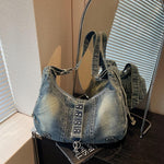 PALAY® Vintage Washed Denim Hobo Shoulder Tote Bag, Casual Handbag with Studded Accents, Adjustable Straps, Zipper Closure, Punk Retro Casual Handbag Street Bag for Women & Everyday Use, 40×13×24cm