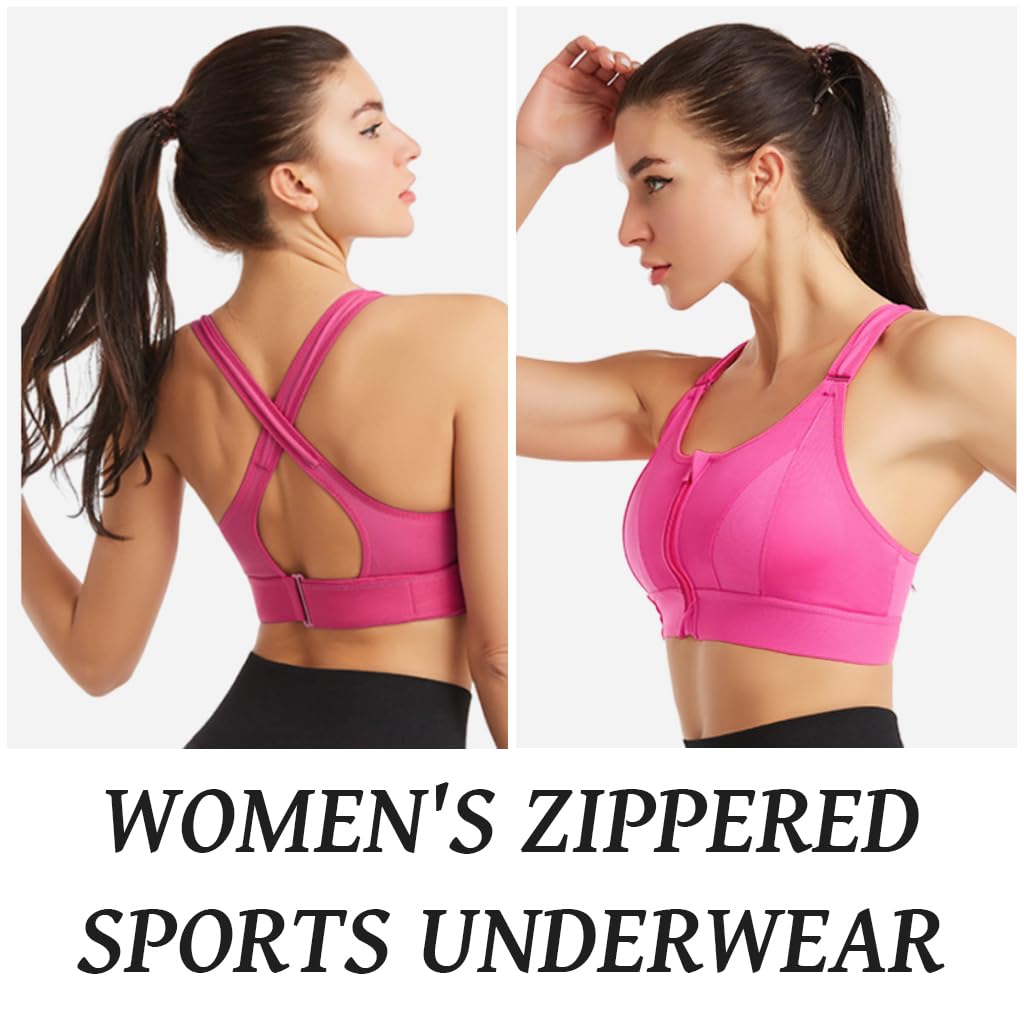 PALAY® Sports Bra Women Zip-up Sports Bra for High-impact Activities One Piece Breast Pads Adjustable Sports Bra Fashion RacerbackSports Bra for Running, Cycling, Aerobics, Boxing, XL, Pink