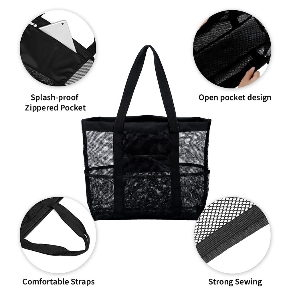 PALAY Beach Tote Bag for Travel and Swimming with Multi Pockets 32×11×32cm Mesh Design | Black
