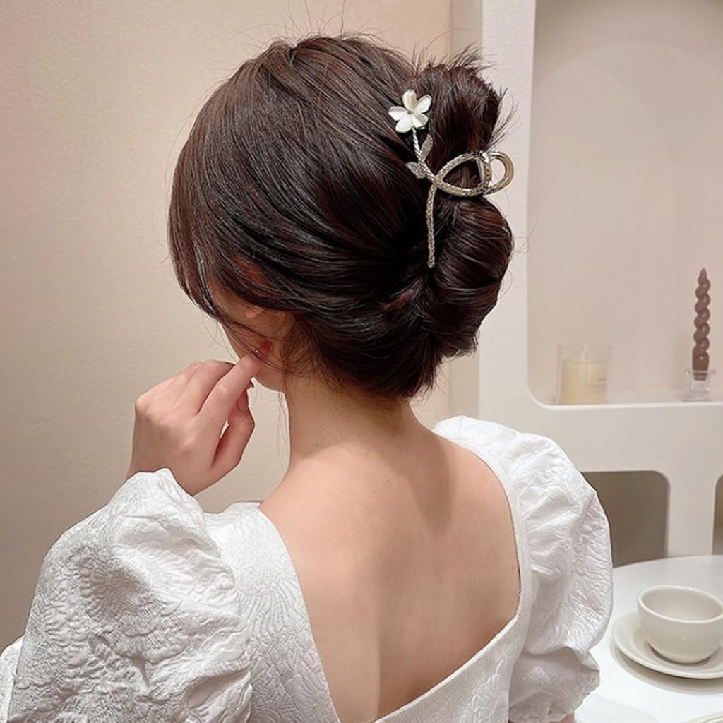 PALAY® Hair Claw Clip Combo for Women, Large Mermaid Pearl & Flower Rhinestone Metal Non-Slip Clutcher, Strong Hold Jaw Clips for Elegant Buns, Updos & Hair Styling, Gift for Ladies