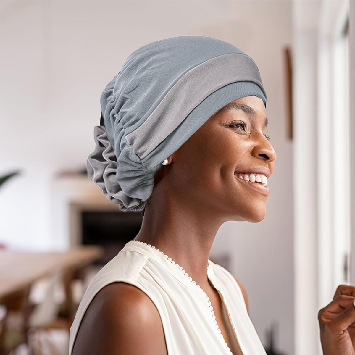 PALAY Chemo Caps for Women with Stretchy Cotton Turban Flower Design 56–60 cm Grey 2 PCS