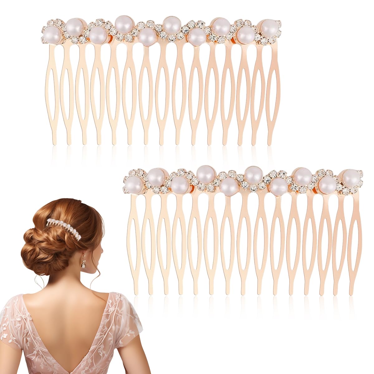 PALAY® 2Pcs Pearl Hair Comb Pins Women Pearl Rhinestone Hair Pin Side Hair Comb Pin Women Rose Golden Alloy Pearl Rhinestone Bridal Hair Accessories Hair Pins