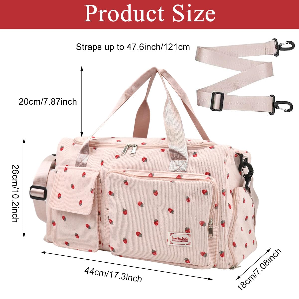PALAY Women Duffle Bag for Travel and Gym featuring Shoe Compartment 48x24x27cm Corduroy Pink