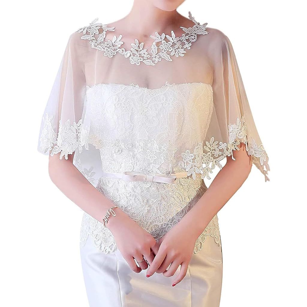 PALAY Lace Shawl for Wedding Dress featuring Sheer White Embroidery | Elegant Wrap for Women