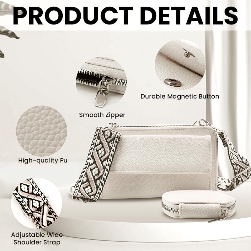 PALAY Women Bag for Everyday Use with Detachable Webbing Strap and Phone Pouch | White PU Crossbody Purse