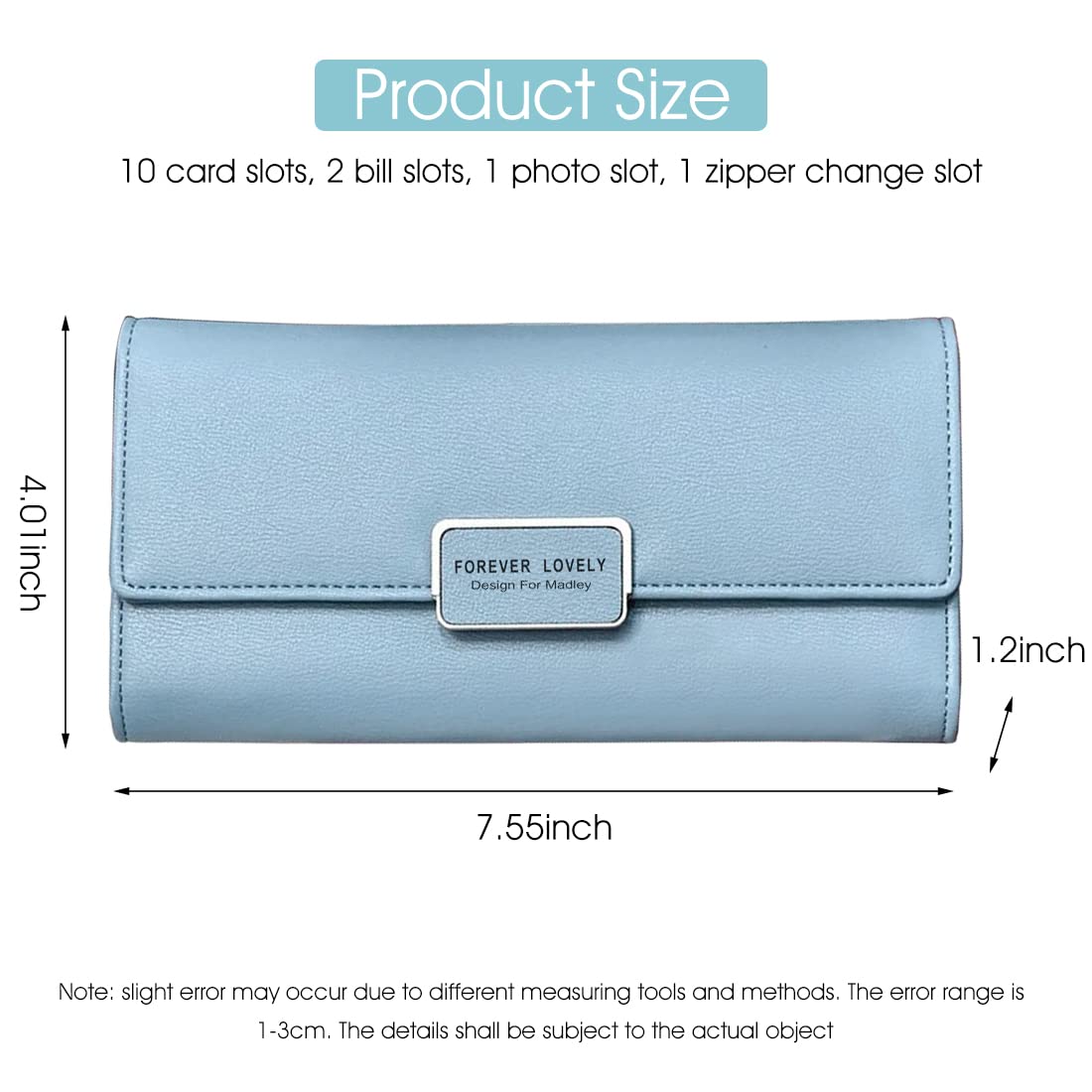 PALAY® Leather Solid Color Wallet for Girl,Card Holder Card Pouch Snap Button Closure-Blue