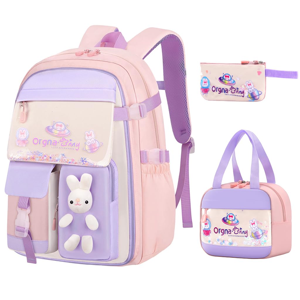 PALAY School Bag for Girls with Lunch Box and Pencil Case Set | Waterproof Pink Bunny Design