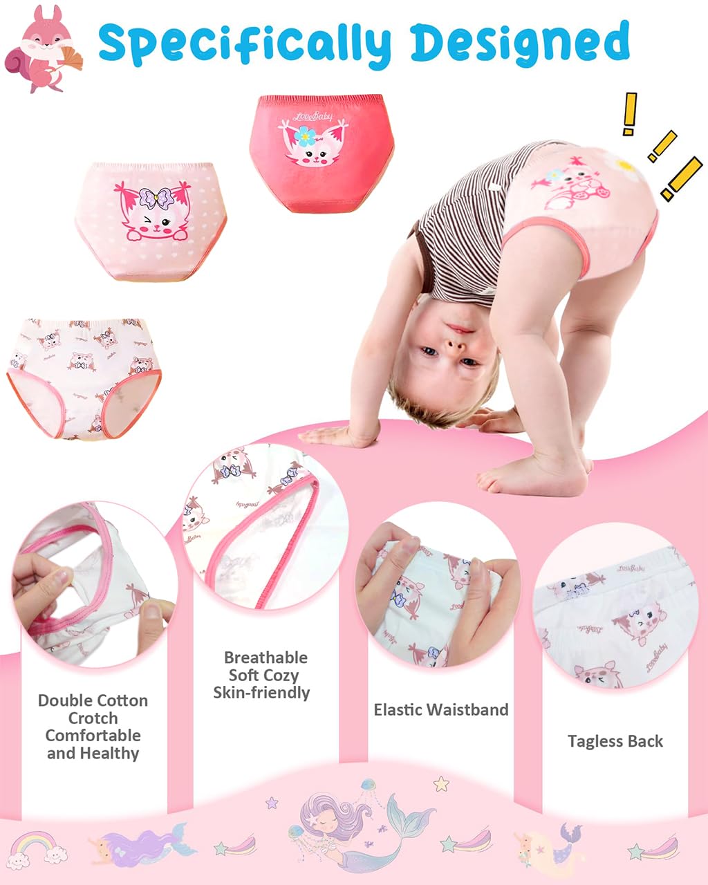 PALAY Toddler Cotton Underwear 3 Pack for 3–4 Year Old Girls with Elastic Waist | Soft Breathable Briefs