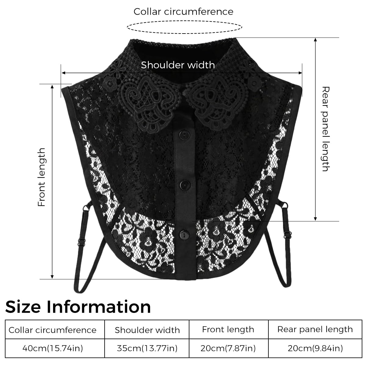 PALAY Fake Collars Shirts for Women with 4 Button Classic Style and Adjustable Straps | White & Black Lace Detachable Half Shirt