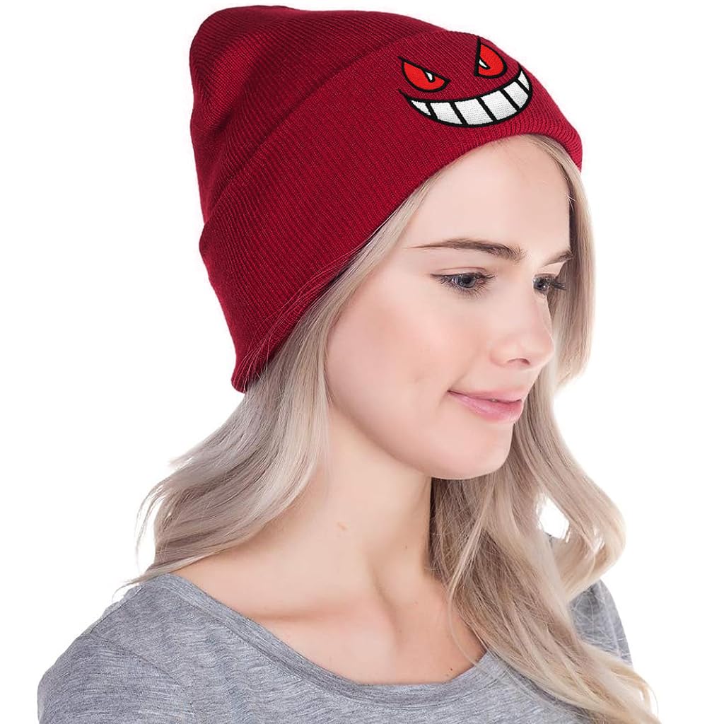 PALAY Winter Beanie Hat for Men and Women featuring Demon Emoji Design and Red Knit | Cozy Holiday Gift