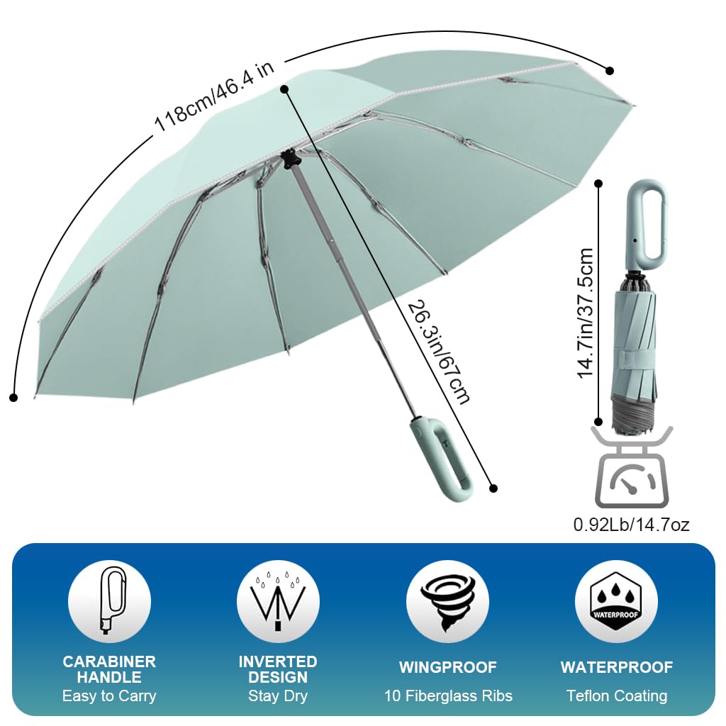 PALAY Large Umbrella for Travel and Outdoor Use with 10 Dual Ribs and Carabiner Handle | Mint Green 99% UV Protection