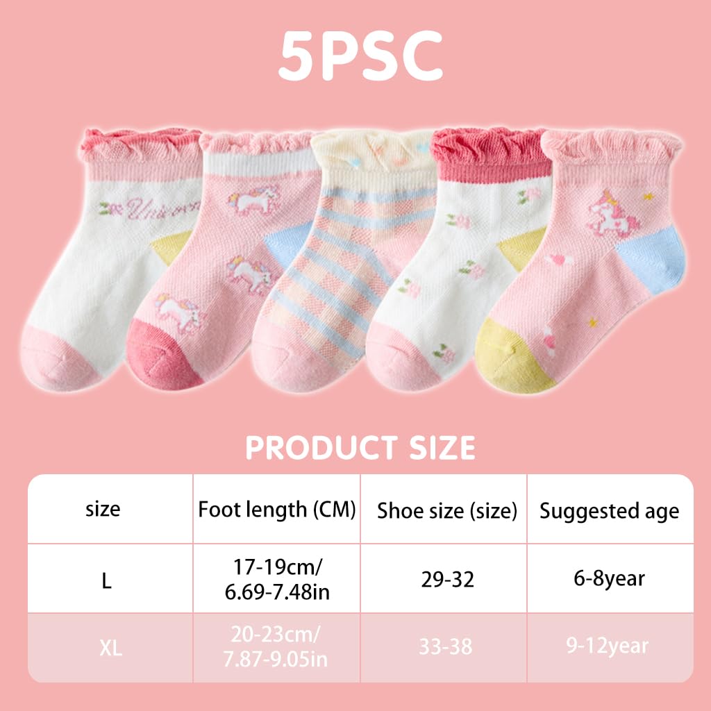 PALAY® 5 Pairs Kids Socks Girls Regular Socks Breathable Cotton Mesh Socks Home Socks Cartoon Unicorn Cotton Socks For Girls 6-8 Years Old, Multi