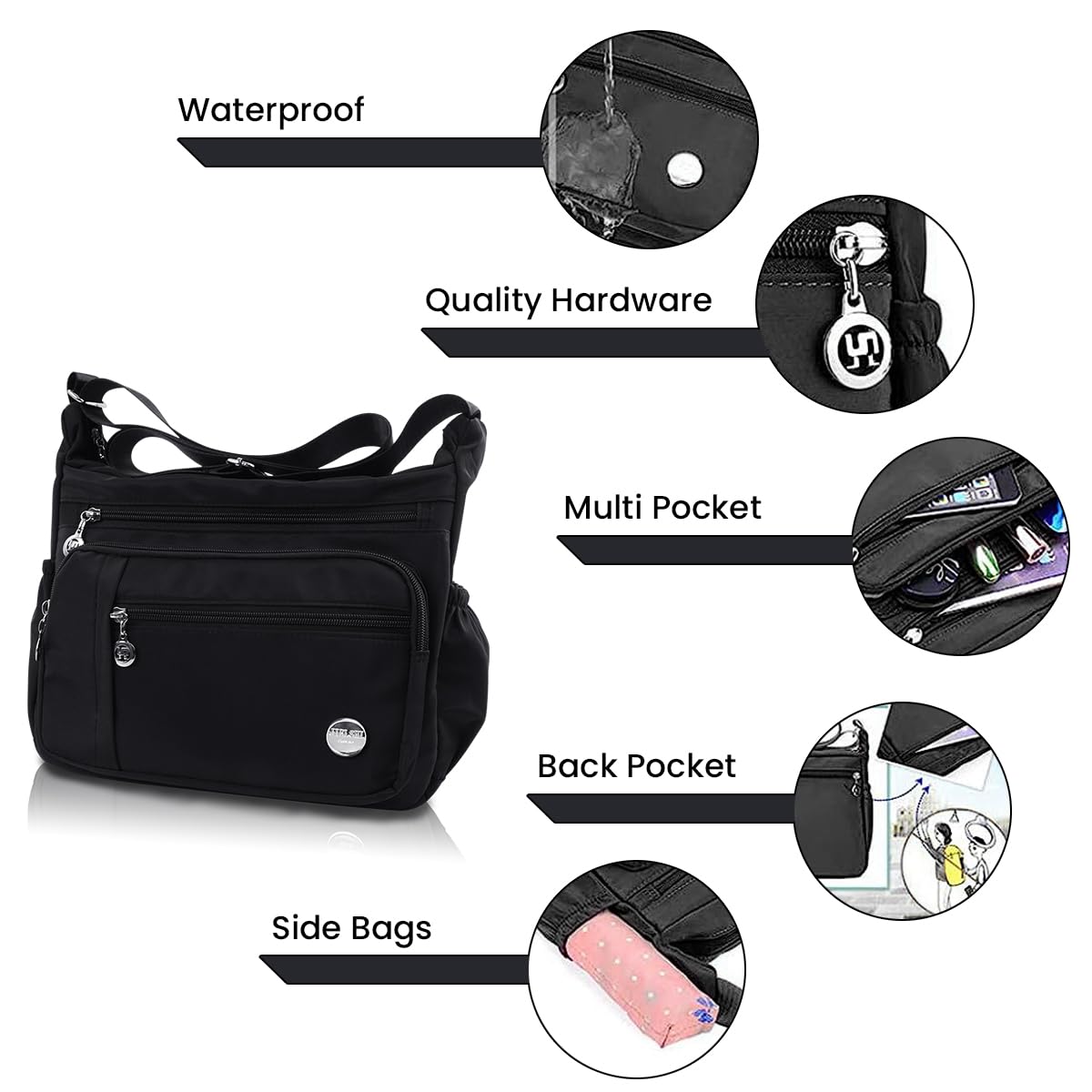 PALAY Women Shoulder Bag for Everyday Use with Multi Pocket Design and Adjustable Strap Black 2 PCS