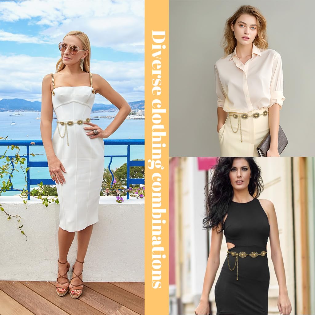 PALAY Belt for Women Dresses featuring Golden Metal Concho Disks Adjustable Waist Chain | Boho Vintage Style 2 PCS