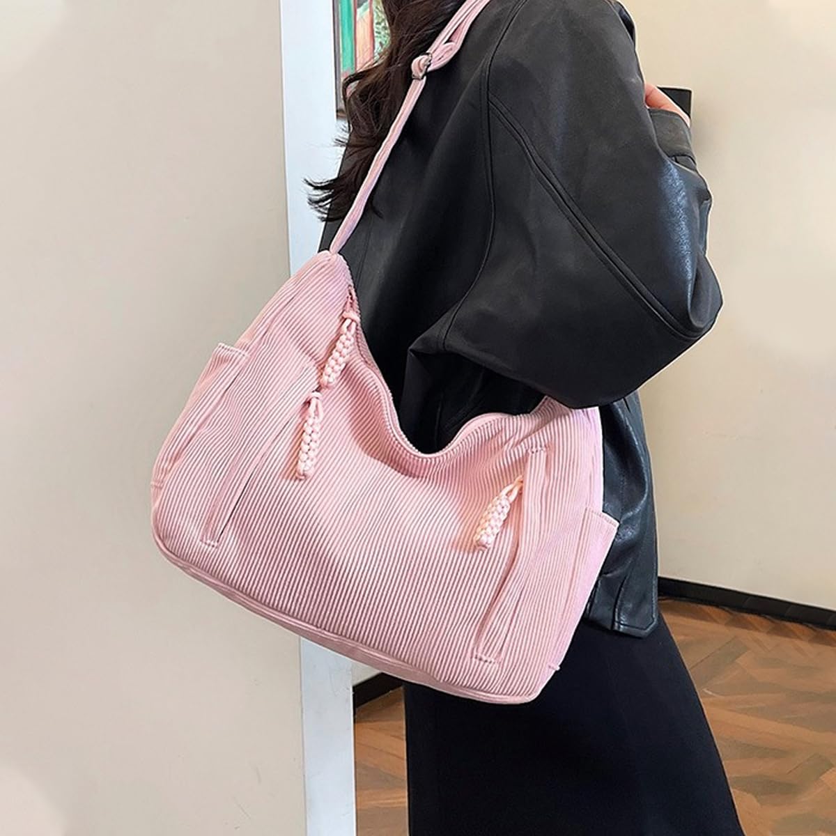 PALAY Corduroy Hobo Bag for Women with Adjustable Strap and Multi Pockets in Pink
