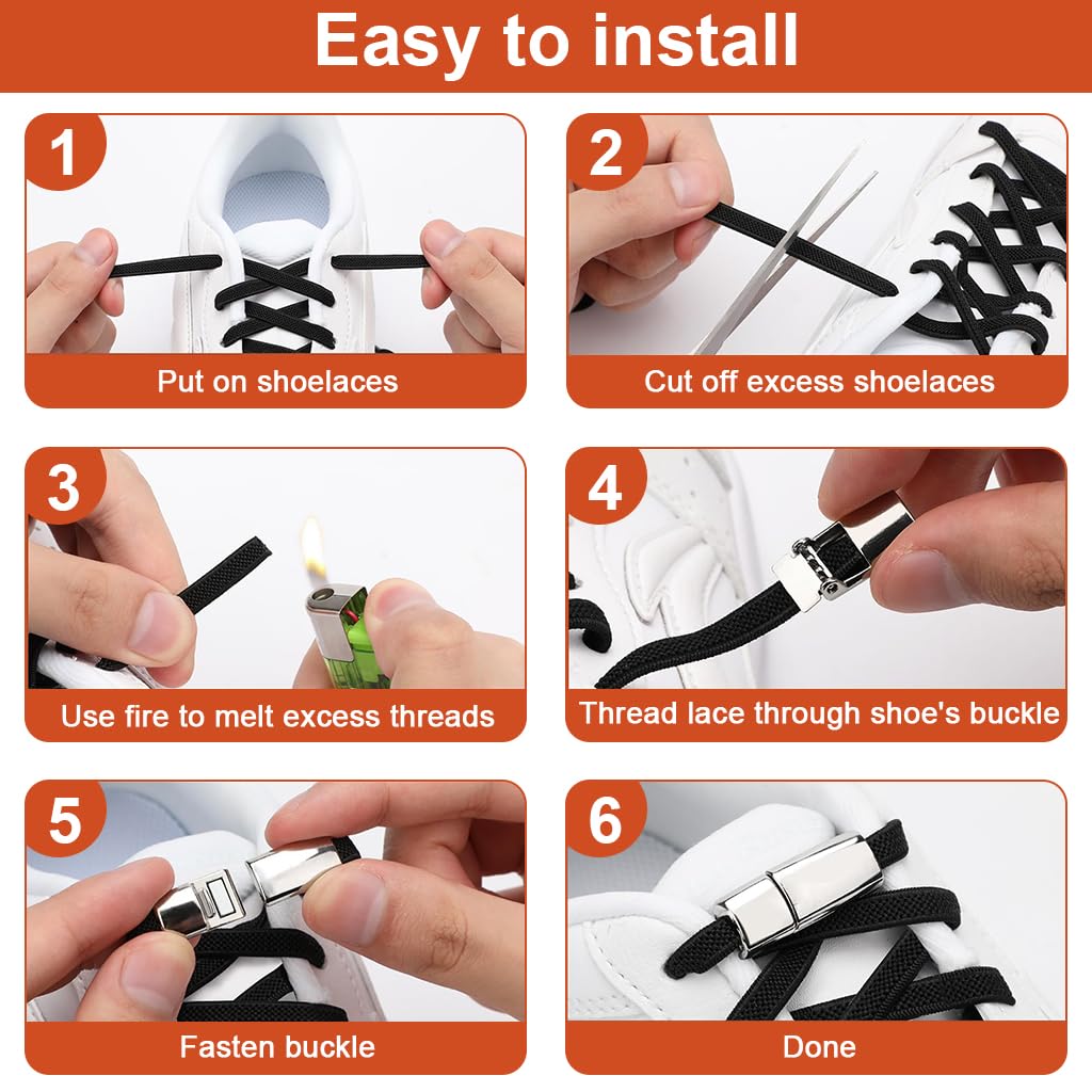 PALAY No Tie Shoelaces for Kids with Interlock Metal Buckles and Elastic Nylon | 2 Pairs Black & White
