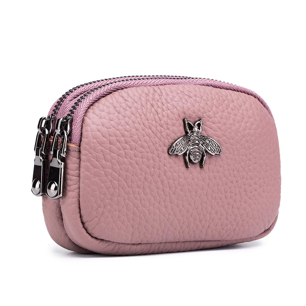 PALAY® Coin Purse for Women Pink Leather Double Layer Small Purse Mini Zipper Card Cash Pouch Utility Gift for Women Girls