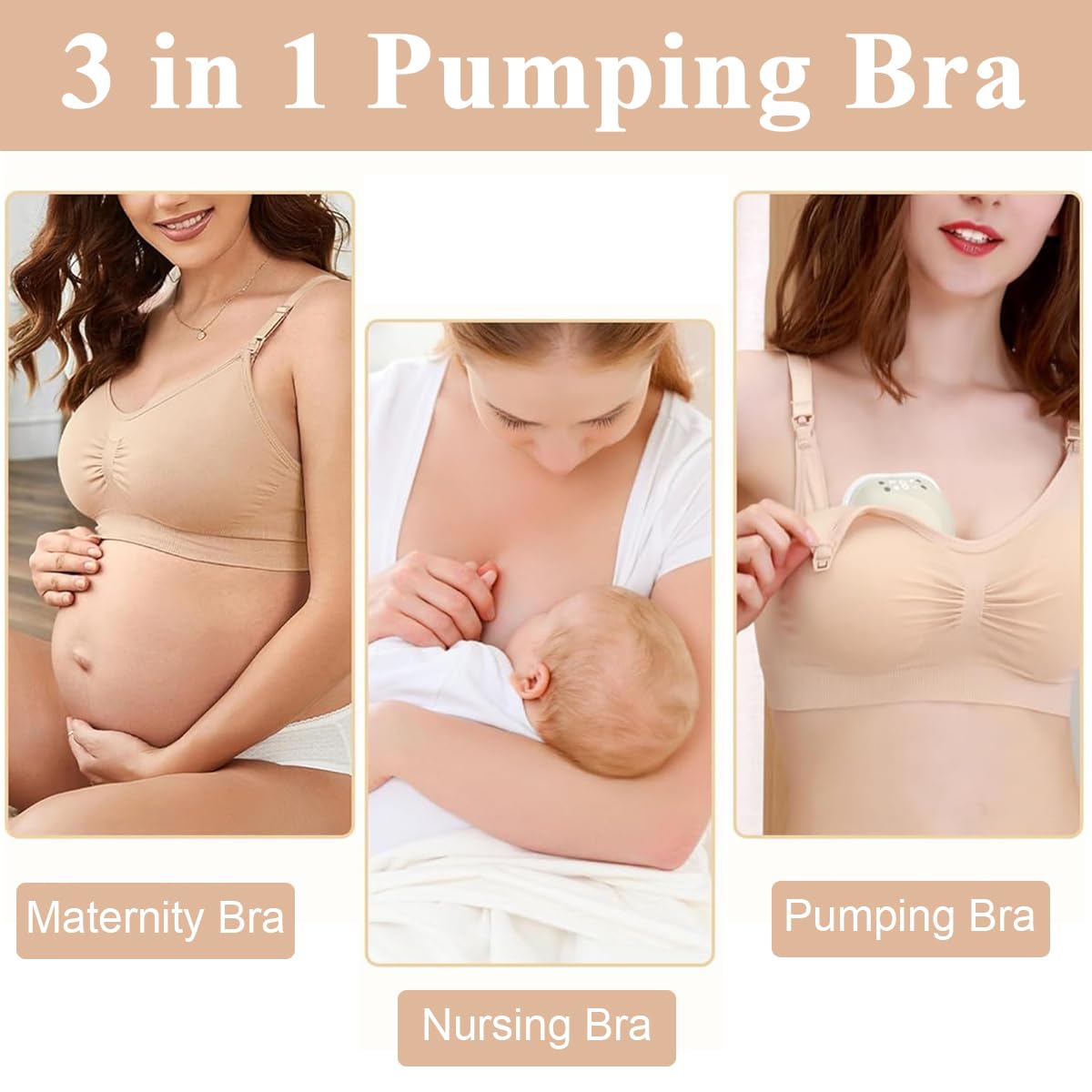 PALAY® Breastfeeding Bra Nursing Bra for New Moms Easy Release Clasp Design Breathable Nylon Nursing Bra Detachable Bra Cups Seamless Breastfeeding Bra, Beige, XL