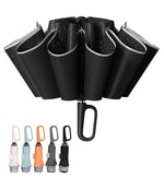 PALAY® 50'' Large Umbrella with Reflective Strip, Auto 3-Fold Compact Travel Umbrella, Carabiner Handle, Reinforced 10 Dual Ribs, Sun Protection 99% UV & Rain & Windproof for Men Women (Black)