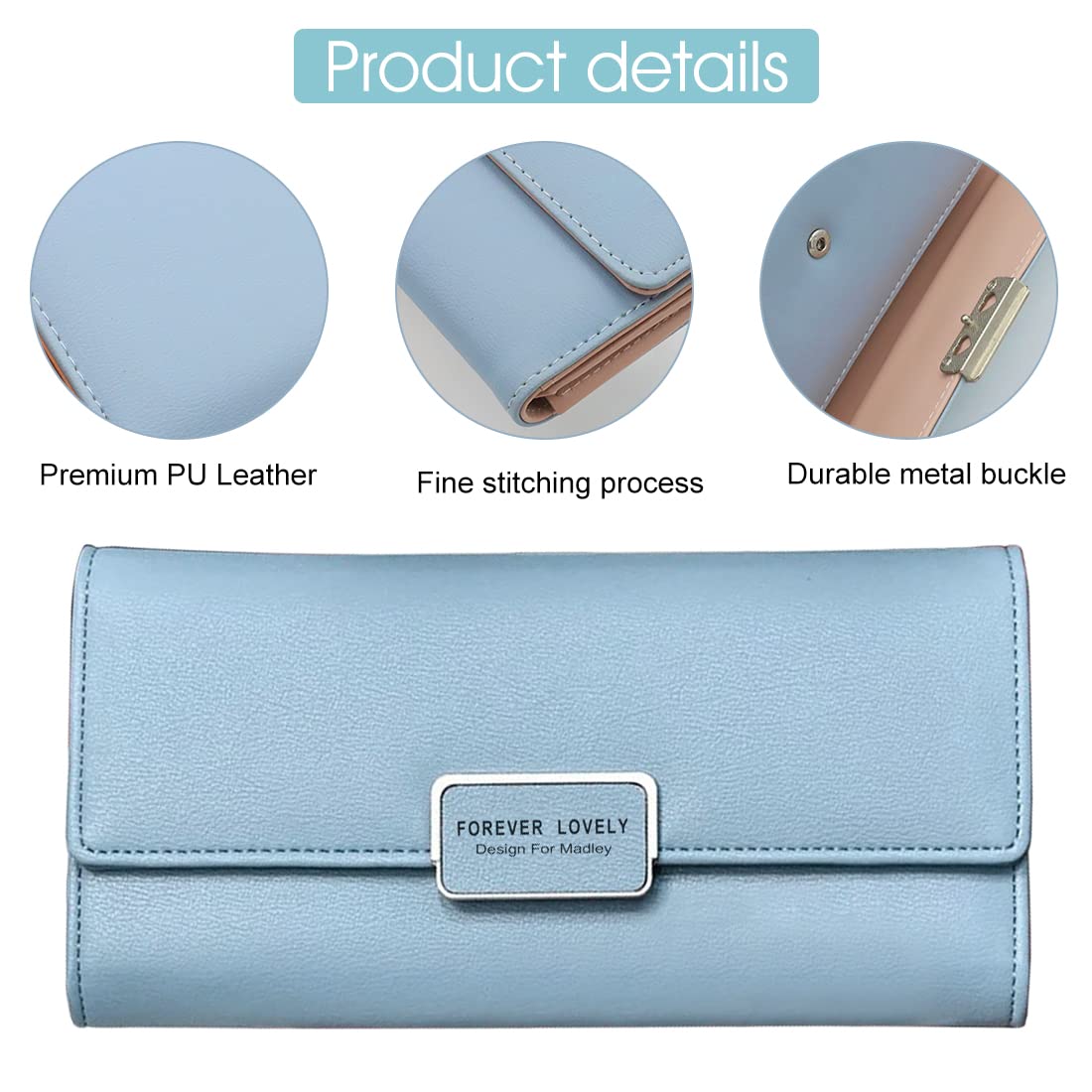 PALAY® Leather Solid Color Wallet for Girl,Card Holder Card Pouch Snap Button Closure-Blue