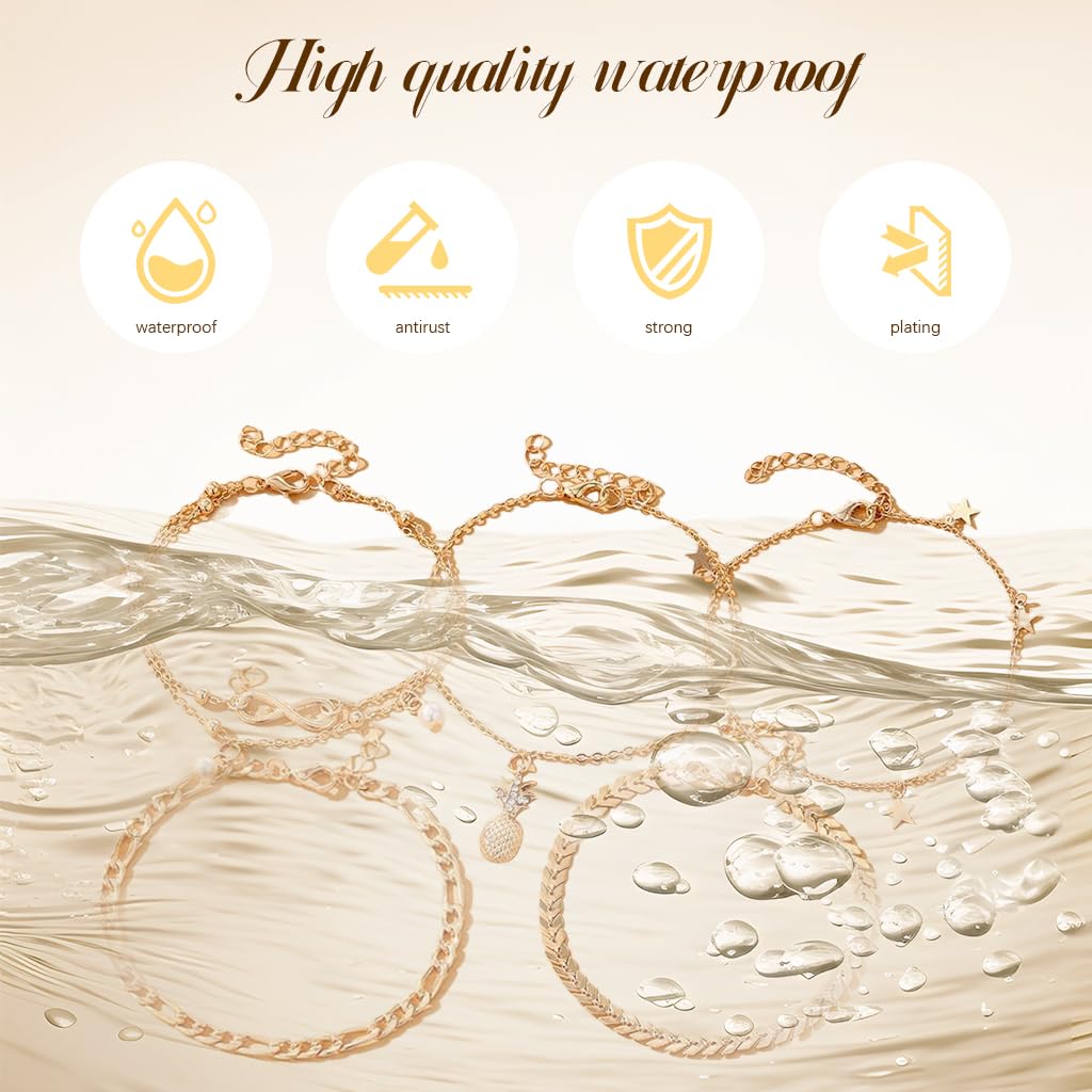 PALAY® Tobilleras bañadas en oro de 14 quilates para mujer, impermeables, pulseras de tobillo para mujer, pulseras de tobillo de eslabones cubanos de espiga para mujer, juego de tobilleras