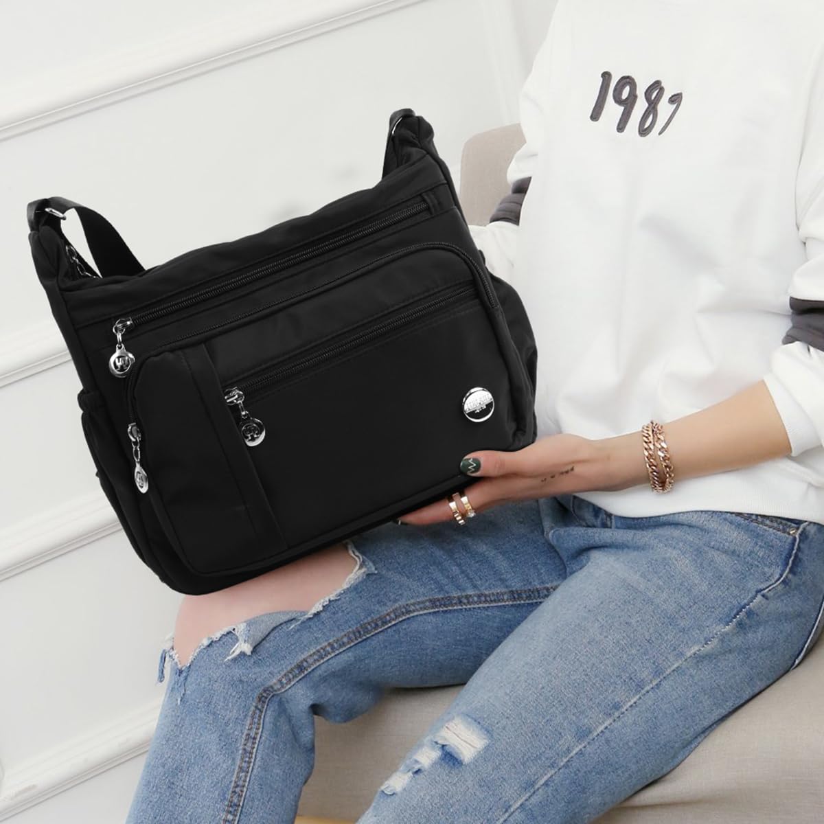 PALAY Women Shoulder Bag for Everyday Use with Multi Pocket Design and Adjustable Strap Black 2 PCS