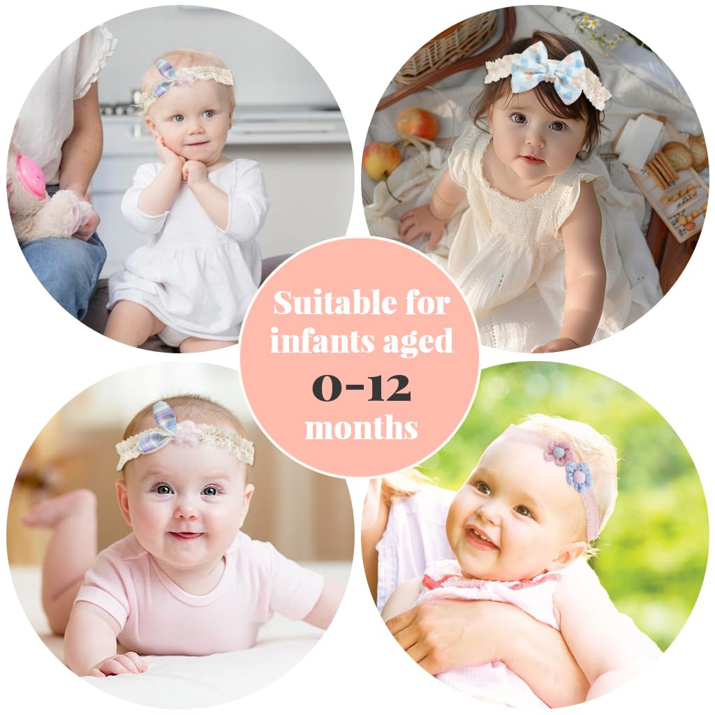PALAY® 3pcs Headband for Baby Girl, Lace Flower Baby Headband, Bow Hair Bands for Baby, Elastic Baby Hairband, Cute Baby Girl Hair Bands for Toddler Girls Newborn Shower Gifts