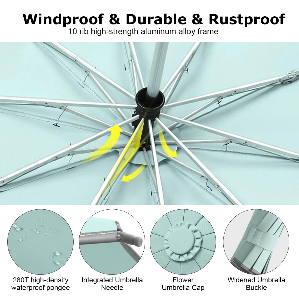 PALAY Large Umbrella for Travel and Outdoor Use with 10 Dual Ribs and Carabiner Handle | Mint Green 99% UV Protection