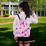 PALAY Drawstring Backpack for Kids with Adjustable Shoulder Strap and Pink Cartoon Print | 28x36cm Waterproof Nylon Bag