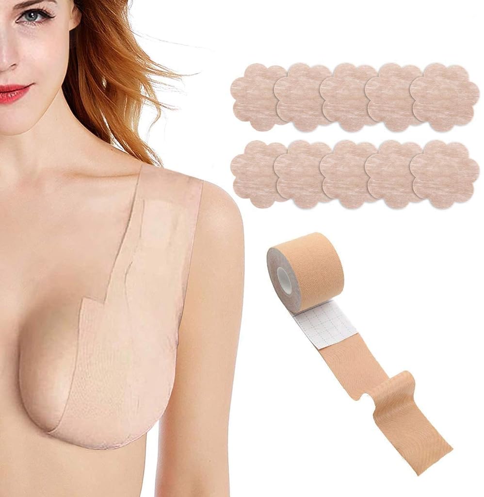 PALAY® Petal Backless Nipple Cover Set with Breast Petals Disposable Adhesive Bra for A-E Cup Large Breast, Breathable Breast Lift Tape Athletic Tape-10 Pcs